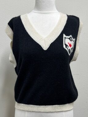 Reference Point Black Ivory Wool Blend Sweater Vest Crest V-Neck Preppy Large